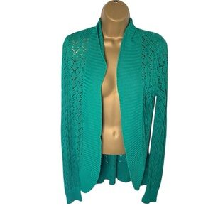 Annabella Open Front Cardigan Pointelle Knit Lightweight Teal L Juniors